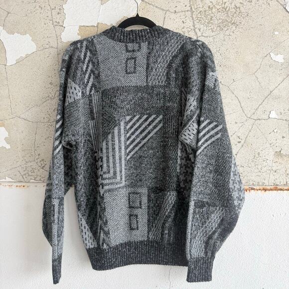 Vtg Grandpa Sweater Geometric Knit Black Gray 90s Le Tigre USA Made Retro Mens L - Picture 3 of 8